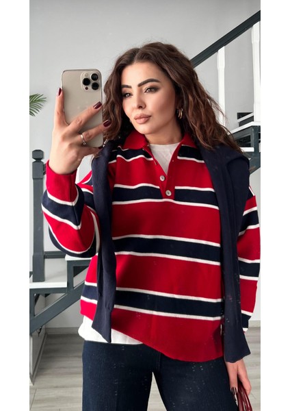 Kırmızı-Lacivert Polo Yaka Çizgili Triko Kazak modelleri