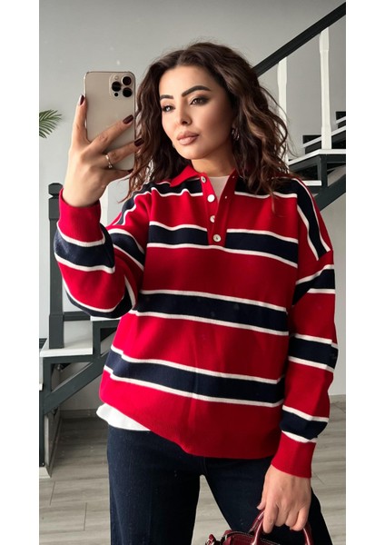 Kırmızı-Lacivert Polo Yaka Çizgili Triko Kazak fırsatları