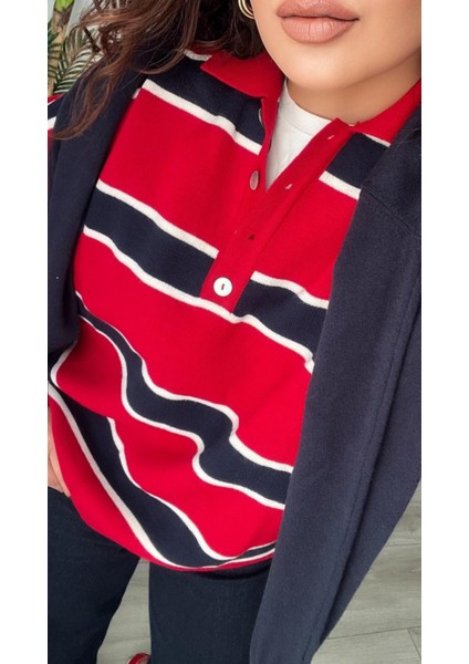 Kırmızı-Lacivert Polo Yaka Çizgili Triko Kazak indirimleri