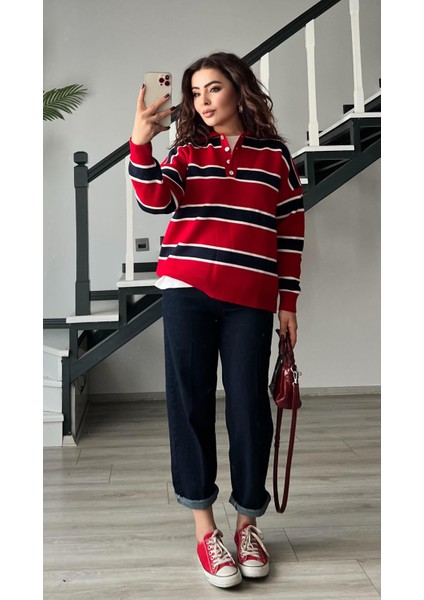 Kırmızı-Lacivert Polo Yaka Çizgili Triko Kazak