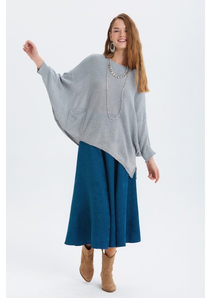 Salaş Asimetrik Uzun Bohem Tarz Triko Bluz Gri