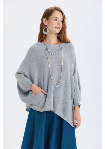 Salaş Asimetrik Uzun Bohem Tarz Triko Bluz Gri fiyatları