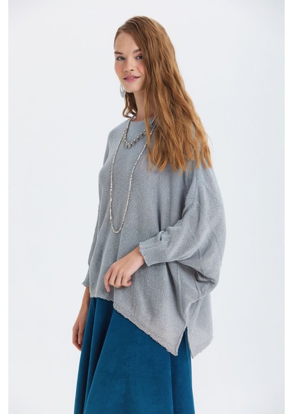 Salaş Asimetrik Uzun Bohem Tarz Triko Bluz Gri fırsatları