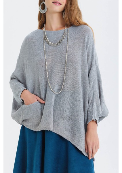Salaş Asimetrik Uzun Bohem Tarz Triko Bluz Gri