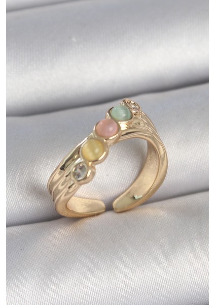 bulurum pirinç gold renk zirkon taş detaylı karışık mineli ayarlanabilir kadın yüzük