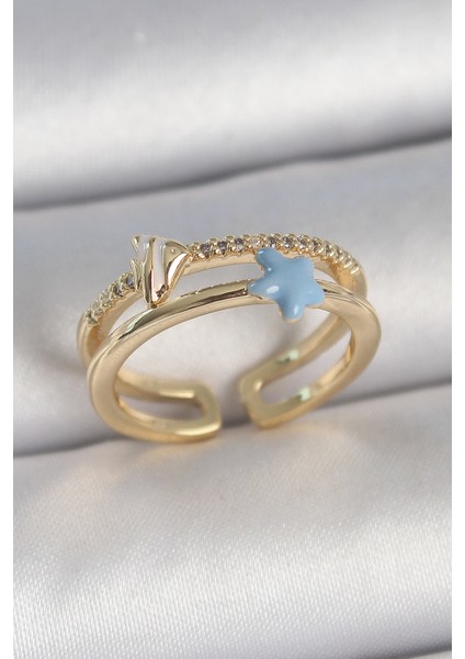 bulurum pirinç gold renk 2'li zirkon taşlı mavi yıldız figür ayarlanabilir kadın yüzük