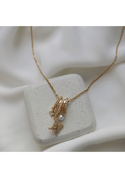 Çelik Charm Kolye, Gold Renk, Yıldız Inci Taşlı Zarif Kadın Takı
