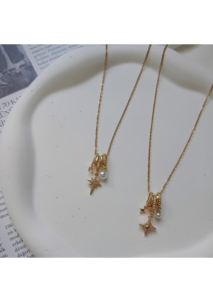 Çelik Charm Kolye, Gold Renk, Yıldız Inci Taşlı Zarif Kadın Takı fiyatları