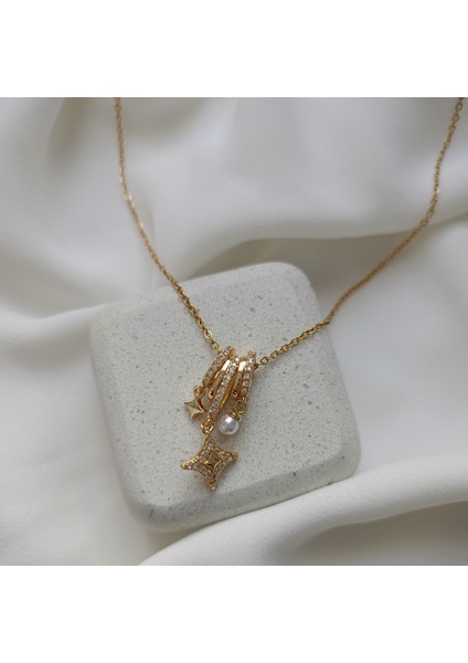 Çelik Charm Kolye, Gold Renk, Yıldız Inci Taşlı Zarif Kadın Takı modelleri