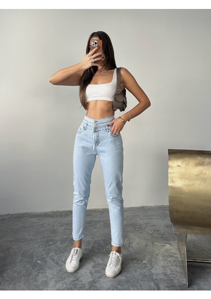 Kadın 3 Kemerli Yüksek Bel Kot Dar Paça Pantolon