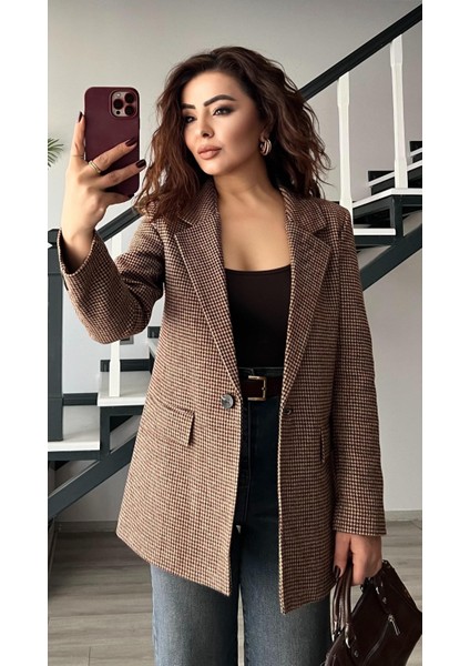 Kahve Kazayağı Tek Düğme Blazer Ceket