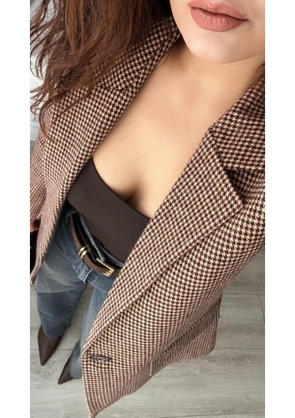 Kahve Kazayağı Tek Düğme Blazer Ceket fiyatları