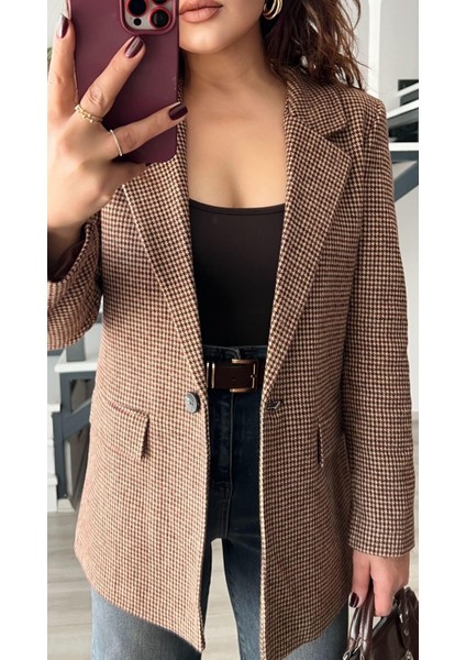 Kahve Kazayağı Tek Düğme Blazer Ceket modelleri