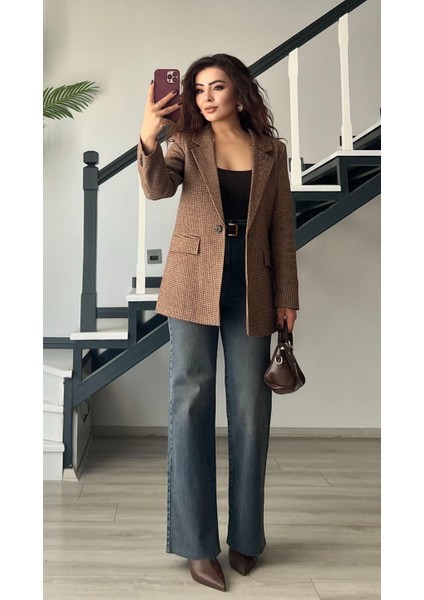 Kahve Kazayağı Tek Düğme Blazer Ceket indirimleri
