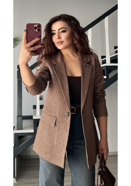 Kahve Kazayağı Tek Düğme Blazer Ceket