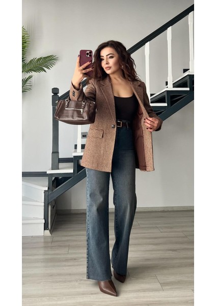 Kahve Kazayağı Tek Düğme Blazer Ceket