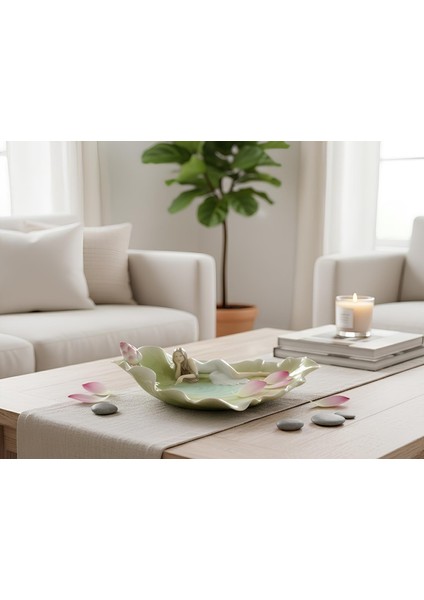 Unicorn Studio Porselen Su Perisi Dekoratif Biblo Tabak, Nilüfer Yapraklı Lüks Sunumluk, 26X17 cm