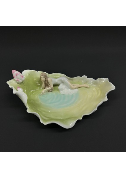 Unicorn Studio Porselen Su Perisi Dekoratif Biblo Tabak, Nilüfer Yapraklı Lüks Sunumluk, 26X17 cm