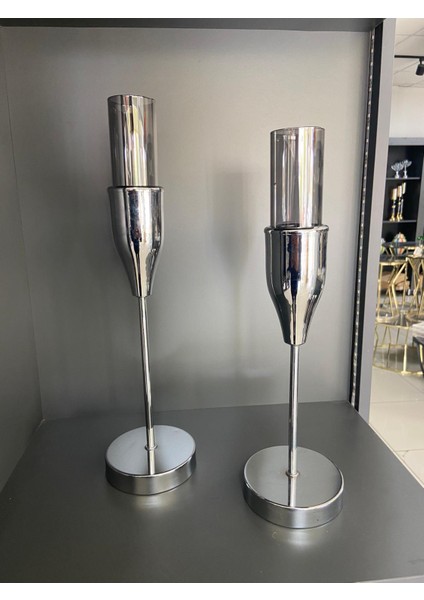 Gümüş Renk Modern Metal Cam Şamdan Seti | 2’li Dekoratif Mumluk Takımı (40 cm - 30 Cm)