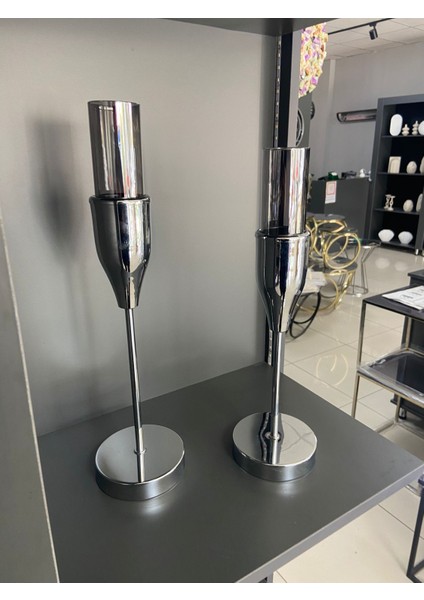 Gümüş Renk Modern Metal Cam Şamdan Seti | 2’li Dekoratif Mumluk Takımı (40 cm - 30 Cm) fiyatları
