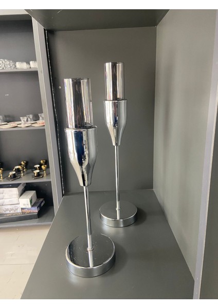 Gümüş Renk Modern Metal Cam Şamdan Seti | 2’li Dekoratif Mumluk Takımı (40 cm - 30 Cm) fırsatları