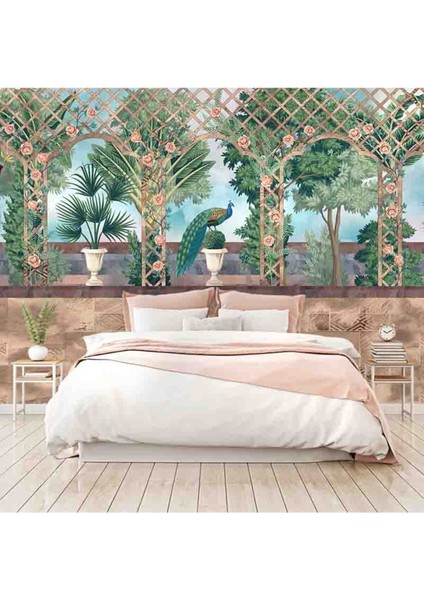 Çiçek ve Tavus Kuşu Desenli Silinebilir Tekstil Duvar Kağıdı