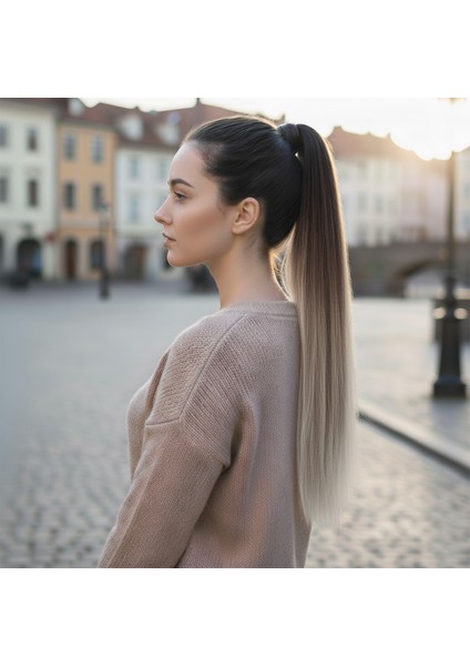 Lastik Tokalı At Kuyruğu Düz / Kumral / Beyaz Platin Ombre