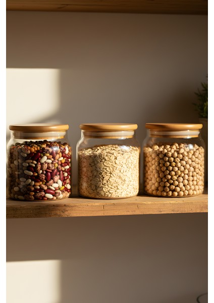 3'lü Cam Saklama Kabı Seti 575 cc - Vakumlu Bambu Kapaklı Gıda Muhafaza Kavanozu