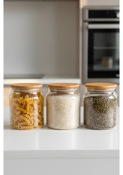 3'lü Cam Saklama Kabı Seti 575 cc - Vakumlu Bambu Kapaklı Gıda Muhafaza Kavanozu modelleri