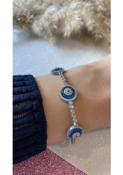 5'li Cam Göz Nazar Su Yolu 925 Ayar Gümüş Bileklik
