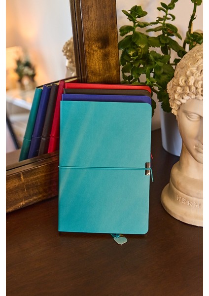 Kişiye Özel Turkuaz Lastikli Vegan Deri Düz 224 Sayfa Çizgili Not Defteri modelleri