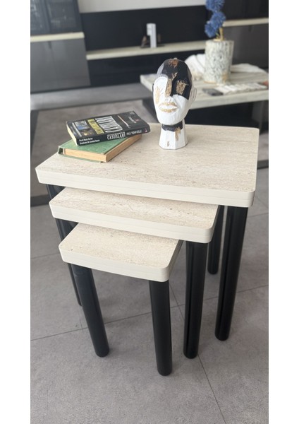 3lü Traverten Zigon Sehpa Bohem Siyah Ayak