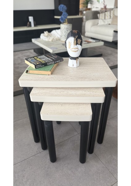 3lü Traverten Zigon Sehpa Bohem Siyah Ayak modelleri