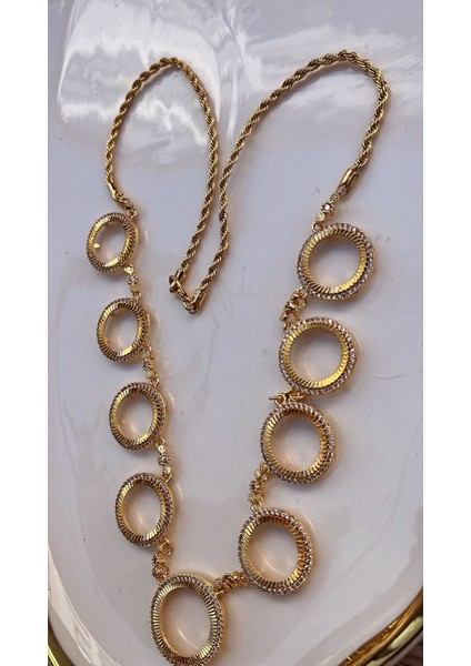 Işıltılı Dokuzlu Altın Koymalı Altın Kaplama Zirkon Taşlı Gösterişli Bijuteri Kolye modelleri