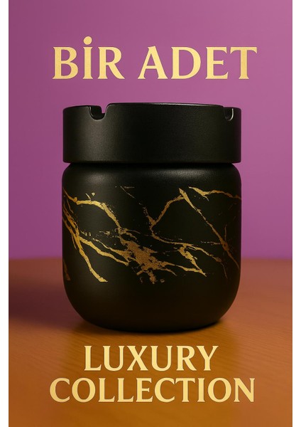 Büyük Boy 425 cc Cam Gövde Kokusuz Dumansız Yanmaz Plastik Kapaklı Dekoratif Şık Tasarım Küllük Mermer Desen