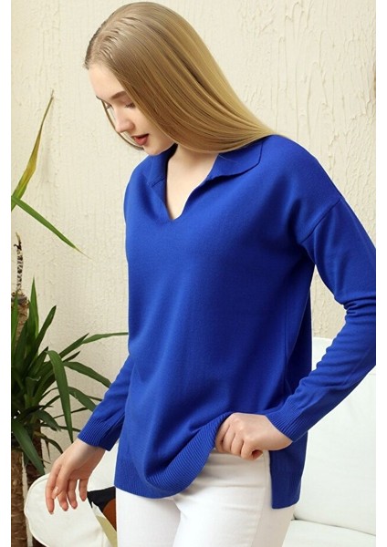 Kadın V Yaka Polo Uzun Kol Yırtmaçlı Basic Triko Kazak