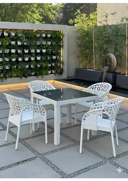 Lotus Kare Masa Takımı 90X90 cm Camlı Masa 4 Kişilik Masa Seti
