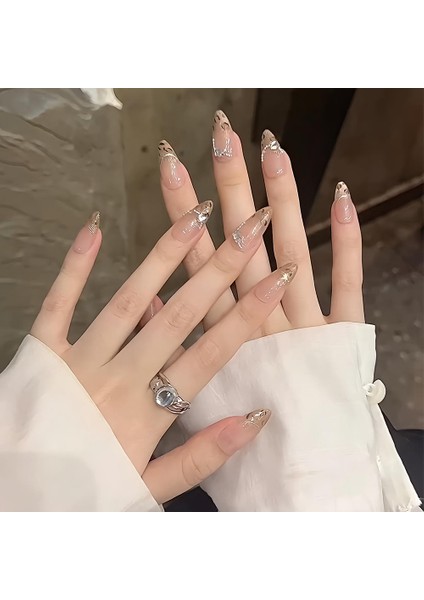 10'lu Ten Uzun Badem TT1132 Tekrar Kullanılabilir El Yapımı Protez Takma Tırnak - Ten Rengi-XS