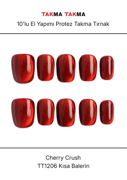 10'lu Kırmızı Kısa Kare TT1206 Tekrar Kullanılabilir El Yapımı Protez Takma Tırnak - Kırmızı-M
