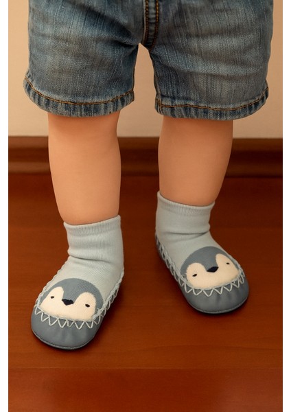 Çocuk Penguen Desenli Makosen Soket Çorap Patik Panduf – Kaydırmaz Ev & Anaokulu Ayakkabısı Mavi