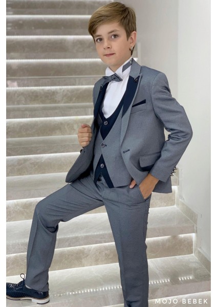 Mojo Erkek Çocuk Yaka Detaylı Klasik Damatlık Set 20317 Gri-Lacivert