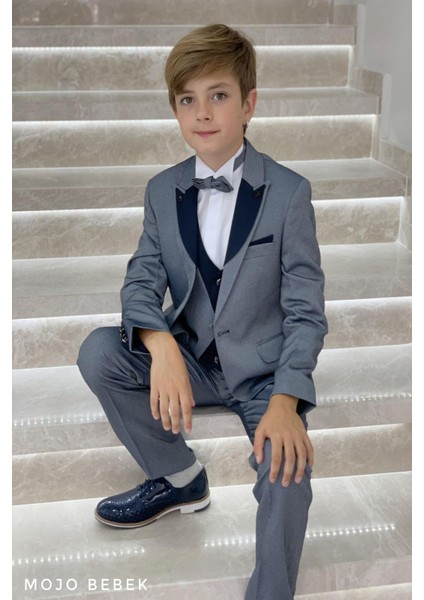 Mojo Erkek Çocuk Yaka Detaylı Klasik Damatlık Set 20317 Gri-Lacivert