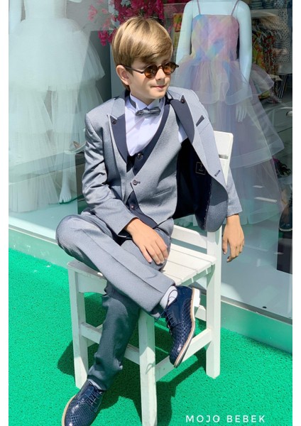 Mojo Erkek Çocuk Yaka Detaylı Klasik Damatlık Set 20317 Gri-Lacivert