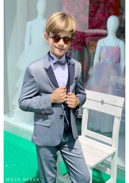 Mojo Erkek Çocuk Yaka Detaylı Klasik Damatlık Set 20317 Gri-Lacivert