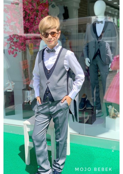 Mojo Erkek Çocuk Yaka Detaylı Klasik Damatlık Set 20317 Gri-Lacivert