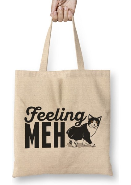 Cute & Funny Feeling Meh Kitty Adorable Cat Kitten Beyaz Bez Çanta Uzun Saplı