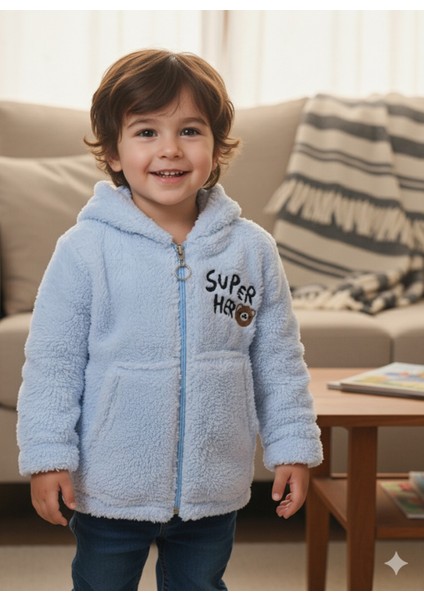 erkek Kız Çocuk Unisex Peluş Polar Hırka Kapşonlu Fermuarlı Cepli Mavi, Koyu Mavi !!!dar Kalıp