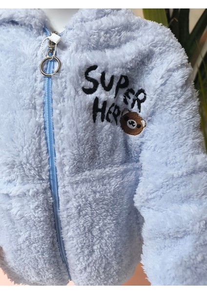 erkek Kız Çocuk Unisex Peluş Polar Hırka Kapşonlu Fermuarlı Cepli Mavi, Koyu Mavi !!!dar Kalıp