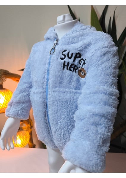 erkek Kız Çocuk Unisex Peluş Polar Hırka Kapşonlu Fermuarlı Cepli Mavi, Koyu Mavi !!!dar Kalıp