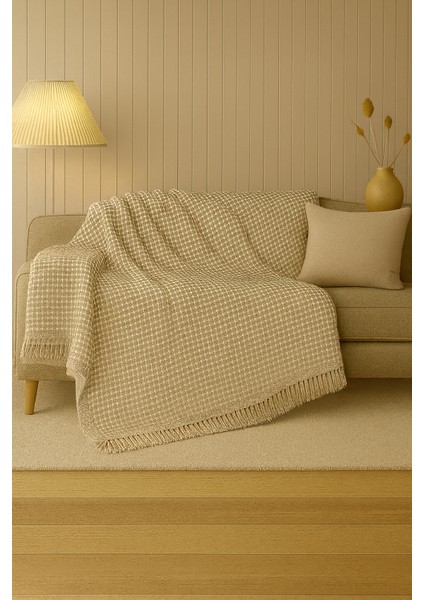 Pamuklu Dokulu Ekru Koltuk Şalı 170X220 cm – Saçaklı Tv Battaniyesi & Dekoratif Koltuk Örtüsü